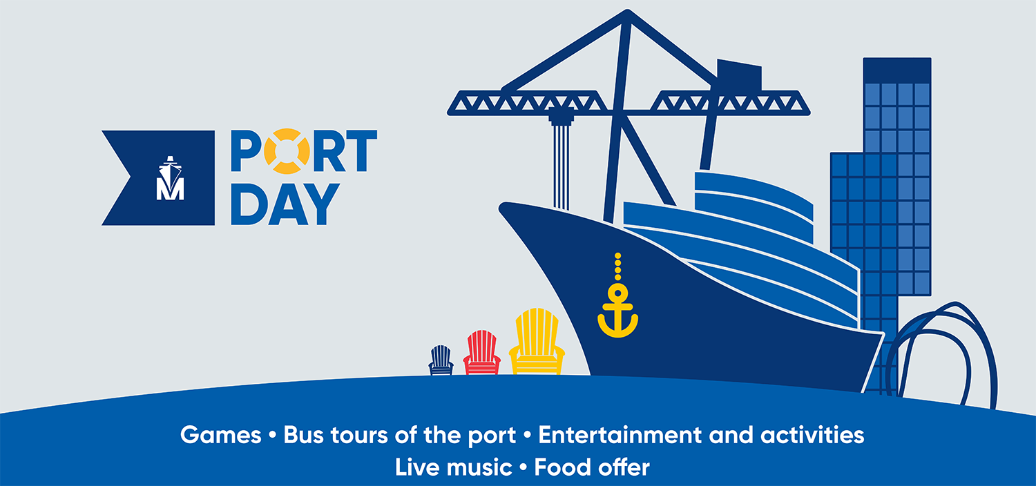 Visual of Port Day including ship, crane, Port of Montreal Tower and list of activities