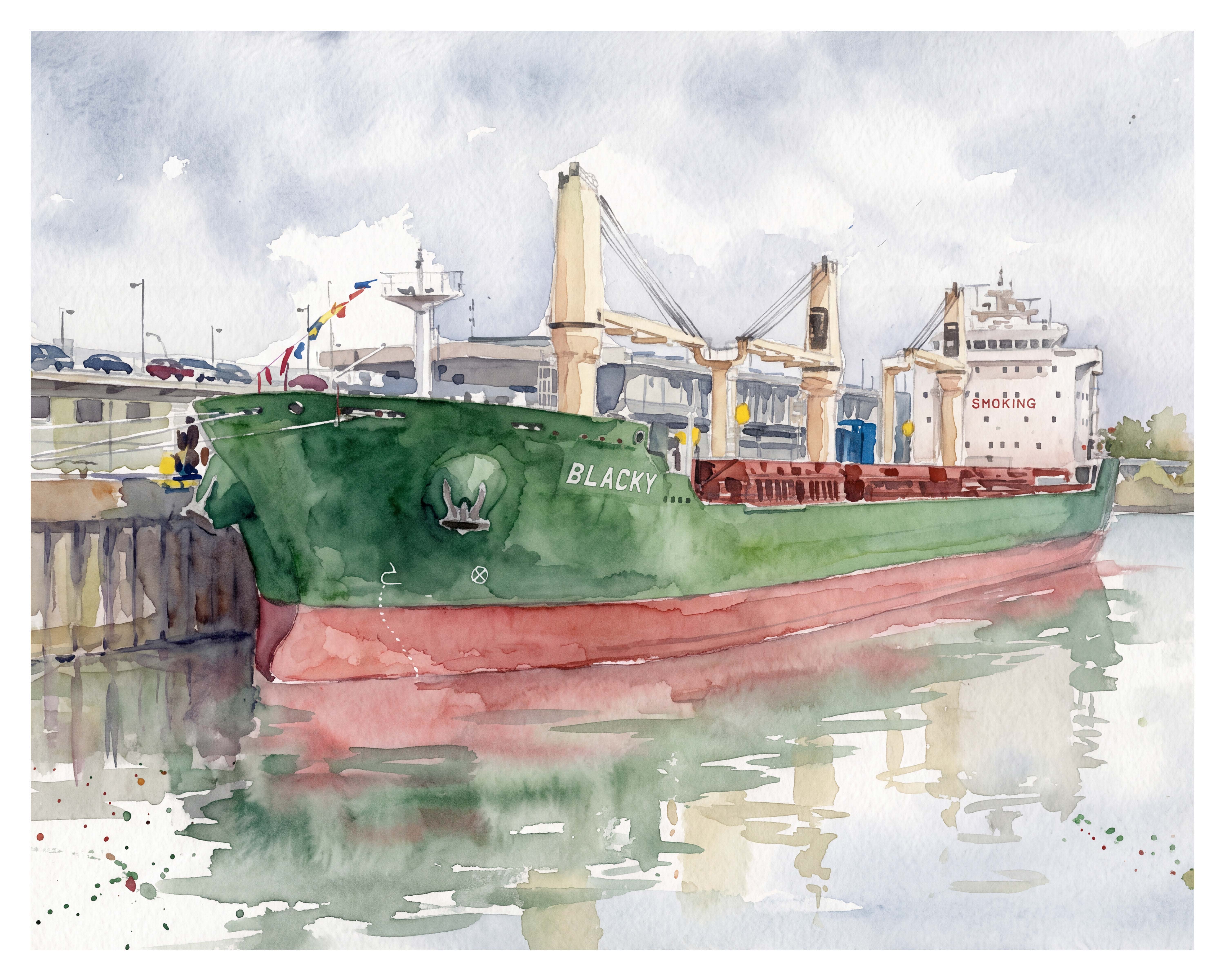 Aquarelle du navire de Canfornav à Montréal